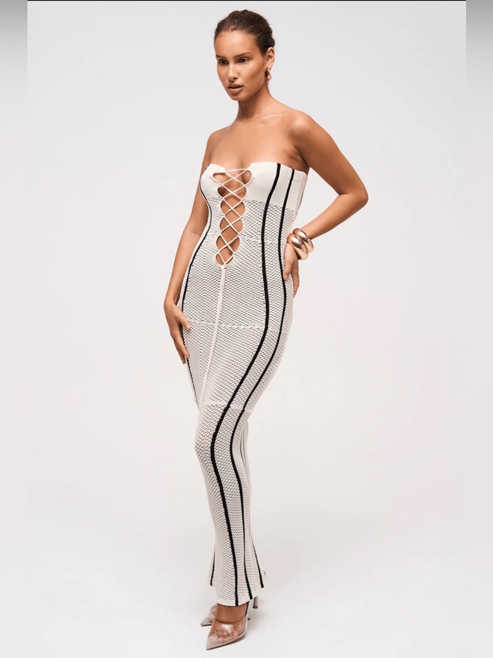Murci Sahara Strapless Lace-Up Maxi Dress NWT Size M White Black